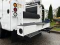 The rear view of a 2015 Ford F-550 with a flatbed and step platform showing utility equipment mounted on the back