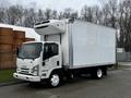 A 2018 Isuzu NRR refrigerated truck with a white box cargo area and a front cab showcasing its brand logo and headlights