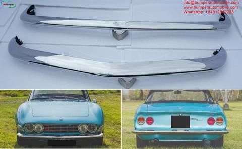 A pair of chrome bumpers for a Fiat Dino Spider 2.0 from 1966 to 1969 displayed prominently in the image