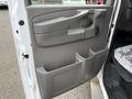 The interior door panel of a 2015 Chevrolet Express featuring a grey handle storage compartment and cup holders