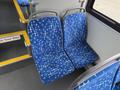 Two blue bus seats with a patterned fabric feature a white abstract design and are situated side by side inside a bus