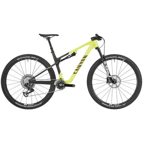 2025 Canyon Lux World Cup CFR AXS Mountain Bike featuring a lightweight frame in black and bright yellow with high-performance wheels and a modern design