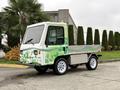 A 2019 CanEV Might-E electric utility truck with a colorful green and white design and a flatbed in the back