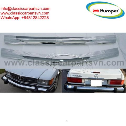Mercedes R107 C107 SL SLC US style bumpers displayed in a flat layout with polished chrome finish showcasing sleek design and contours