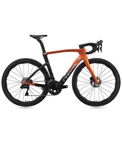 2026 Pinarello Dogma F Dura Ace Di2 road bike featuring a sleek design with a distinctive orange and black color scheme and aerodynamic frame