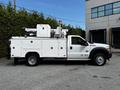 A 2016 Ford F-550 truck with a white body and a mounted aerial lift on top with equipment storage compartments on the sides
