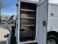 An open compartment of a 2018 Ford F-550 showing metal shelves inside and a small step below the door