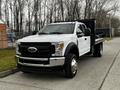 A 2019 Ford F-550 pickup truck with a flatbed design and chrome front grille parked on a concrete surface