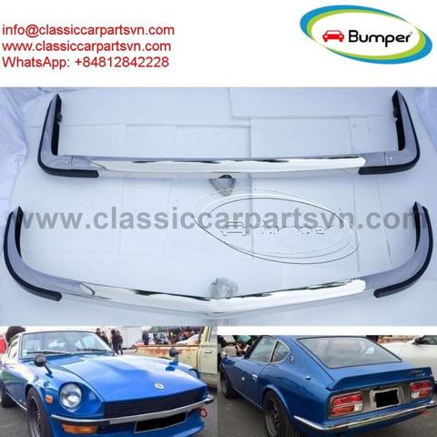 A vintage 1969 Datsun 240Z in blue with a sleek design featuring rounded headlights and a curved roofline