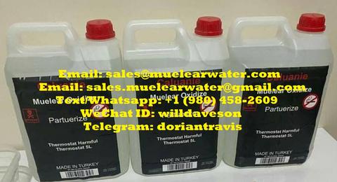 Three plastic containers labeled Caluanie Muelear Oxidize indicating it is a harmful chemical product each container has a handle and a black and red design