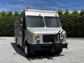 A silver 2008 Morgan Olson Workhorse delivery truck with large front windows and a snow plow attachment on the front