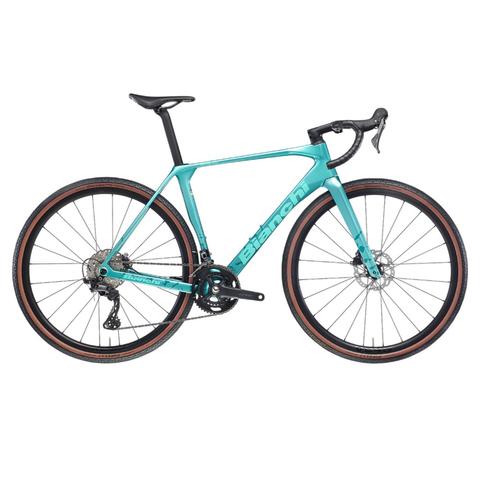 2026 Bianchi Impulso Comp Shimano GRX 610 Carbon Race Gravel Bike featuring a turquoise frame wide tires and disc brakes