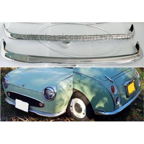 A chrome bumper for a Nissan Figaro with a curved design and polished finish displayed prominently in the image
