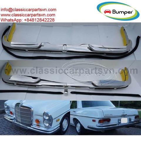 1965 Mercedes Benz W108 W109 front bumper with chrome finish and yellow rubber protective strips suited for classic car restoration