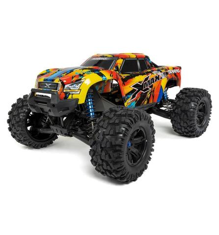 Traxxas X-Maxx 8S 4WD Brushless RTR Monster Truck in Solar Flare design features large off-road tires and a vibrant multicolored body with a powerful build and detailed front design