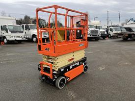 A 2024 JLG R1932 electric scissor lift with an orange platform and yellow extending sections on four wheels