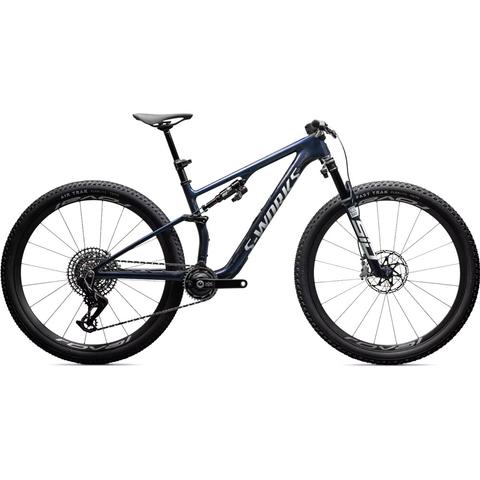 2026 Specialized S-Works Epic 8 Mountain Bike featuring a sleek dark blue frame wide tires and advanced gearing system designed for off-road performance