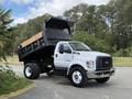 A 2017 Ford F-750 dump truck with its bed raised for unloading is shown in the foreground with a white cab and black dump body