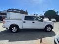 A white 2012 Ford F-150 with four doors and an open truck bed positioned in profile view