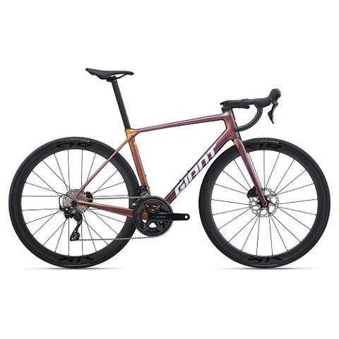 2025 Giant TCR Advanced Pro 2 Road Bike featuring a sleek design in gradient colors and equipped with disc brakes and high-performance wheels