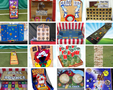 A collage of various carnival-style games and equipment including bean bag toss, fishing games, clown-themed games, and inflatable activities