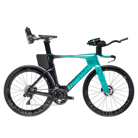 2026 Bianchi Aquila RC SRAM Force AXS Carbon Triathlon Bike featuring a sleek teal design aero handlebars and high-performance wheels
