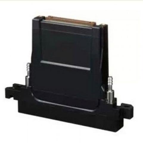 A black Konica KM1024i MAE-C 14PL printhead with two metal connectors on the sides and a flat top surface designed for inkjet printing technology