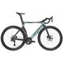 A 2024 Bianchi Oltre Pro Ultegra Di2 road bike featuring a sleek carbon frame with a turquoise and black design aerodynamic handlebars and high-performance wheels