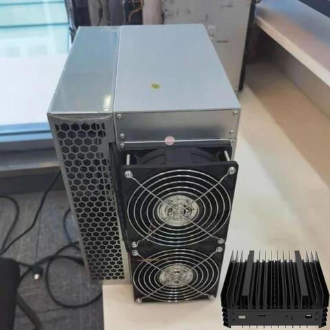 A silver mining rig featuring multiple cooling fans and a heatsink, designed for cryptocurrency mining, with visible branding and model specifications