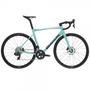 A 2024 Bianchi Specialissima Comp Ultegra Di2 12sp road bike in a light teal color with a distinctive frame design and equipped with high-performance components