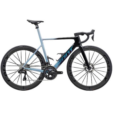 2024 Giant Propel Advanced Sl 0 Road Bike featuring a sleek aerodynamic design with a light blue and black color scheme and carbon disc wheels