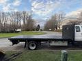 A white 2006 Ford F-650 flatbed truck with a black wooden flatbed is parked on the side of a road