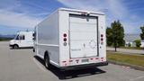 A white 2011 Ford Econoline cargo van with a rear roll-up door and brake lights visible